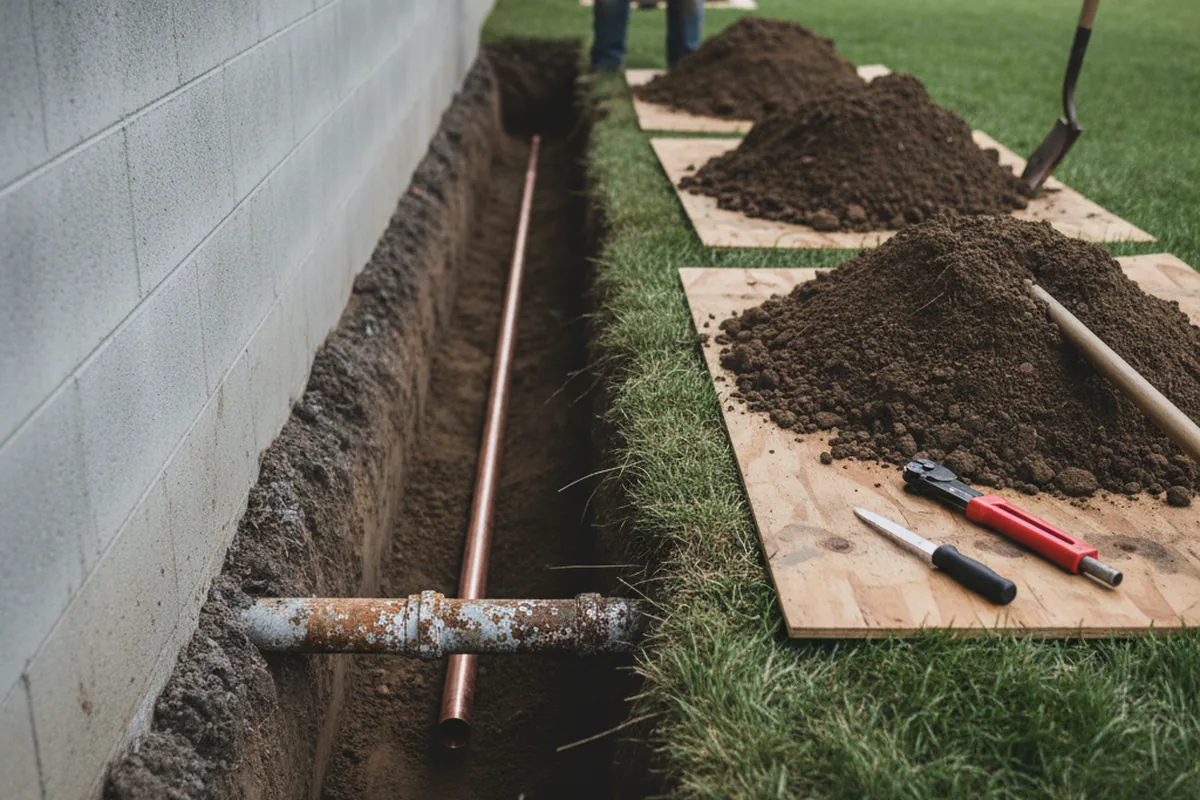 Excavated water line trench during Sewer Line Repair in Sandersville